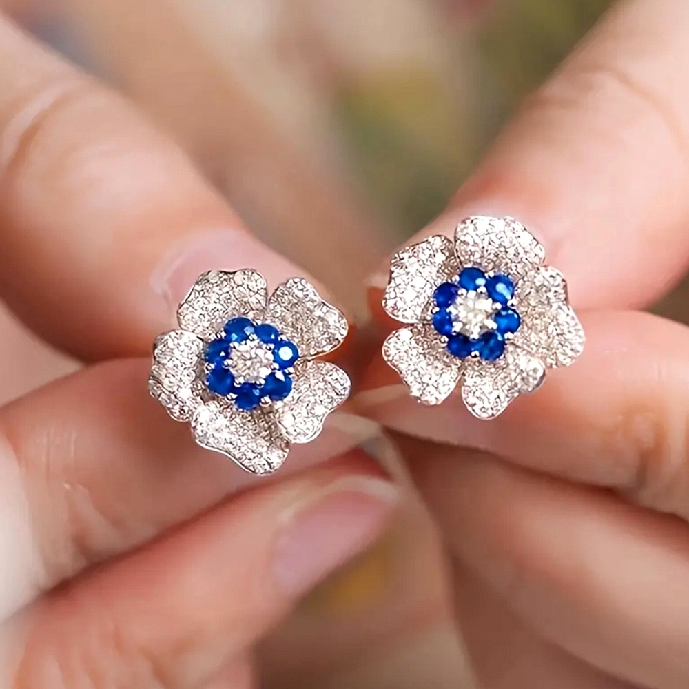 Sapphire Blue & Clear CZs Flower Earrings